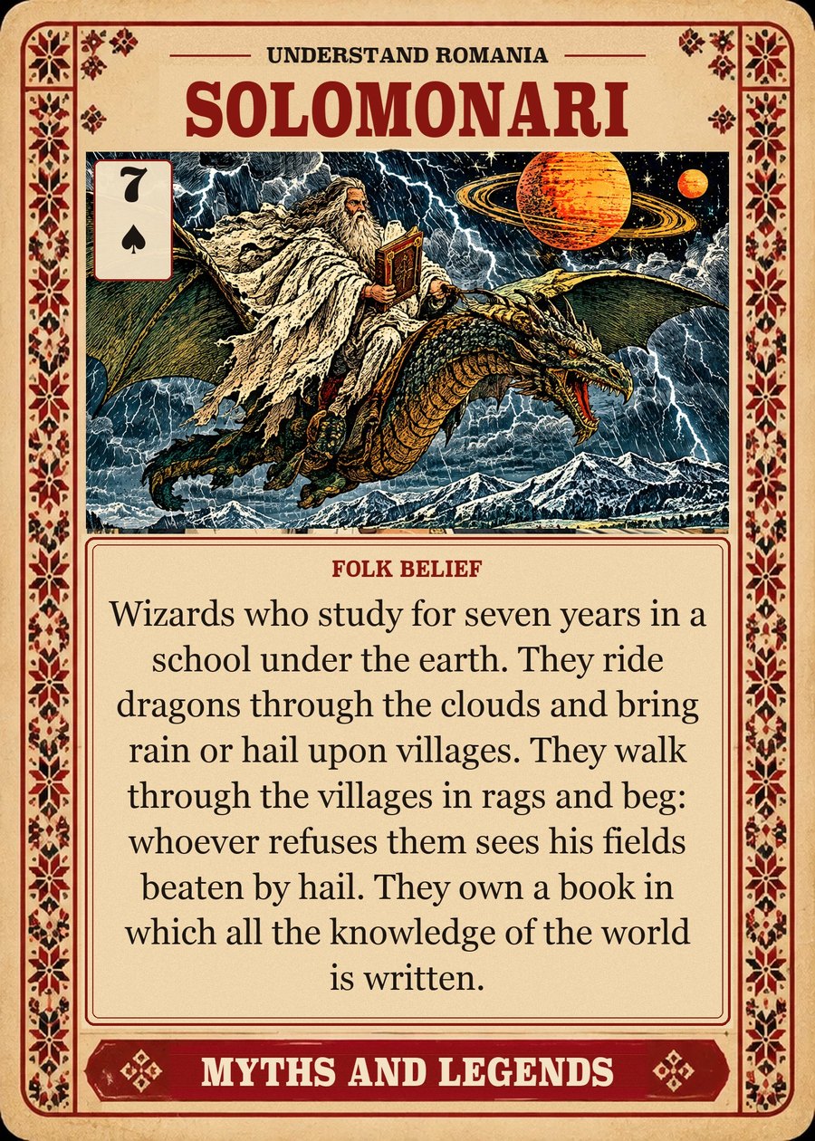SOLOMONARI — folk belief. Wizards who study for seven years in a school under the earth. They ride dragons through the clouds and bring rain or hail upon villages. They walk through the villages in rags and beg: whoever refuses them sees his fields beaten by hail. They own a book in which all the knowledge of the world is written.