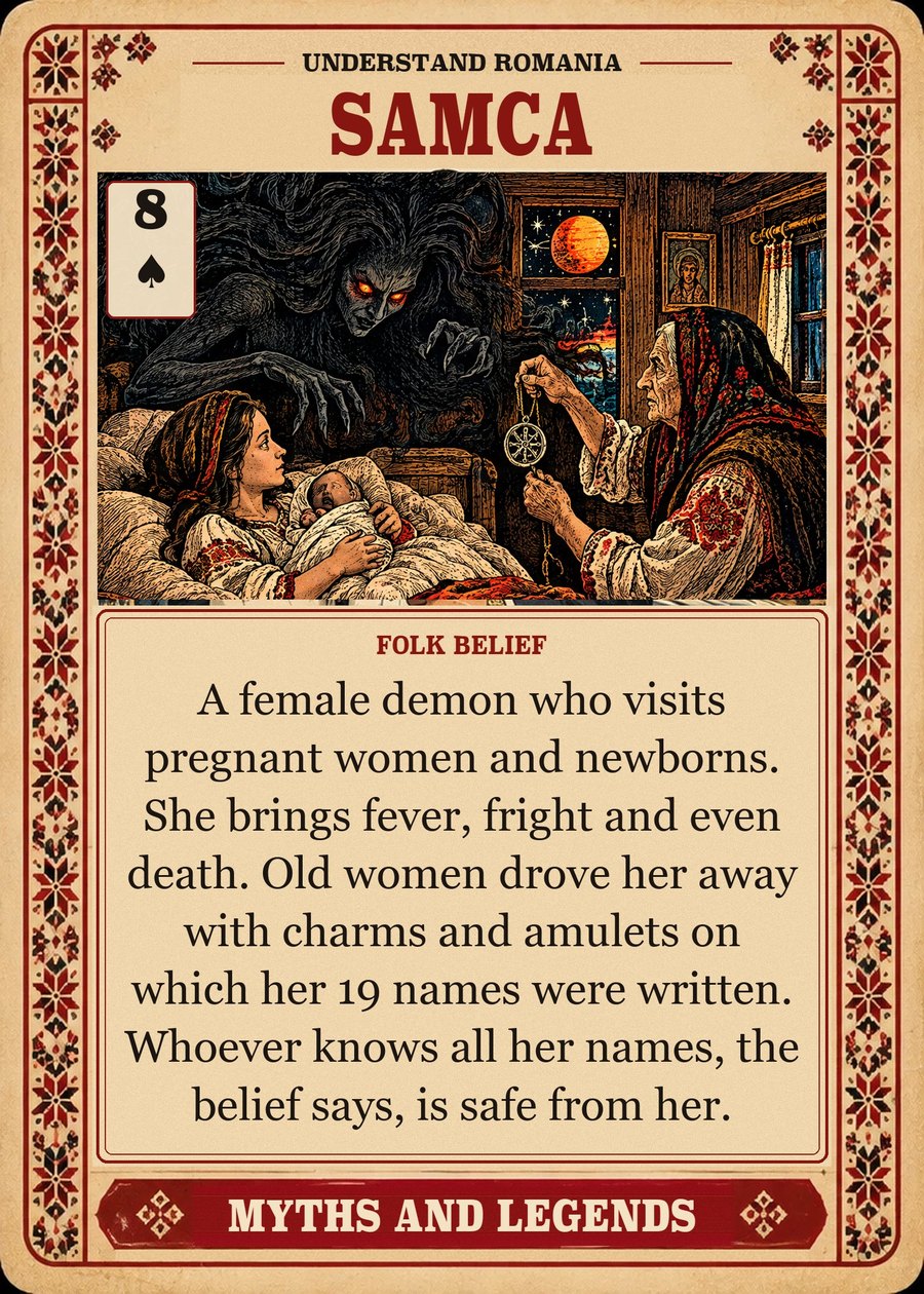 SAMCA — folk belief. A female demon who visits pregnant women and newborns. She brings fever, fright and even death. Old women drove her away with charms and amulets on which her 19 names were written. Whoever knows all her names, the belief says, is safe from her.
