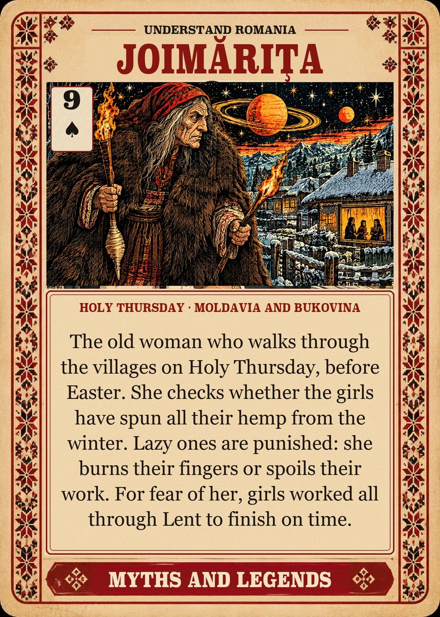 JOIMĂRIȚA — Holy Thursday · Moldavia and Bukovina. The old woman who walks through the villages on Holy Thursday, before Easter. She checks whether the girls have spun all their hemp from the winter. Lazy ones are punished: she burns their fingers or spoils their work. For fear of her, girls worked all through Lent to finish on time.