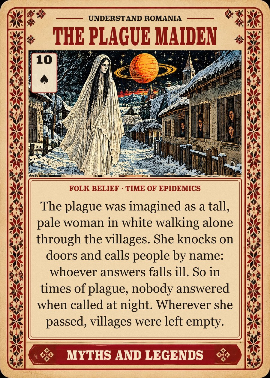THE PLAGUE MAIDEN — folk belief · time of epidemics. The plague was imagined as a tall, pale woman in white walking alone through the villages. She knocks on doors and calls people by name: whoever answers falls ill. So in times of plague, nobody answered when called at night. Wherever she passed, villages were left empty.