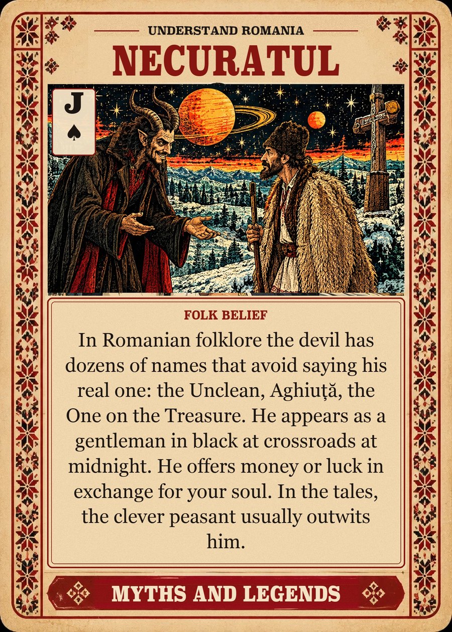 NECURATUL — folk belief. In Romanian folklore the devil has dozens of names that avoid saying his real one: the Unclean, Aghiuță, the One on the Treasure. He appears as a gentleman in black at crossroads at midnight. He offers money or luck in exchange for your soul. In the tales, the clever peasant usually outwits him.
