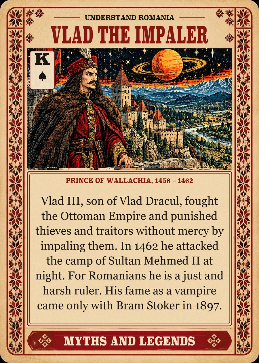 VLAD THE IMPALER — Prince of Wallachia, 1456 – 1462. Vlad III, son of Vlad Dracul, fought the Ottoman Empire and punished thieves and traitors without mercy by impaling them. In 1462 he attacked the camp of Sultan Mehmed II at night. For Romanians he is a just and harsh ruler. His fame as a vampire came only with Bram Stoker in 1897.