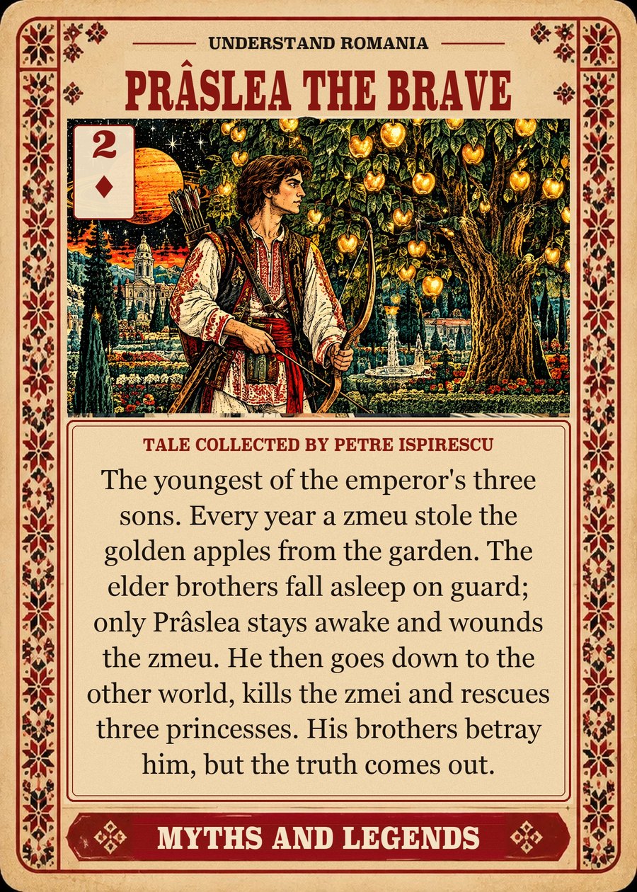 PRÂSLEA THE BRAVE — tale collected by Petre Ispirescu. The youngest of the emperor's three sons. Every year a zmeu stole the golden apples from the garden. The elder brothers fall asleep on guard; only Prâslea stays awake and wounds the zmeu. He then goes down to the other world, kills the zmei and rescues three princesses. His brothers betray him, but the truth comes out.