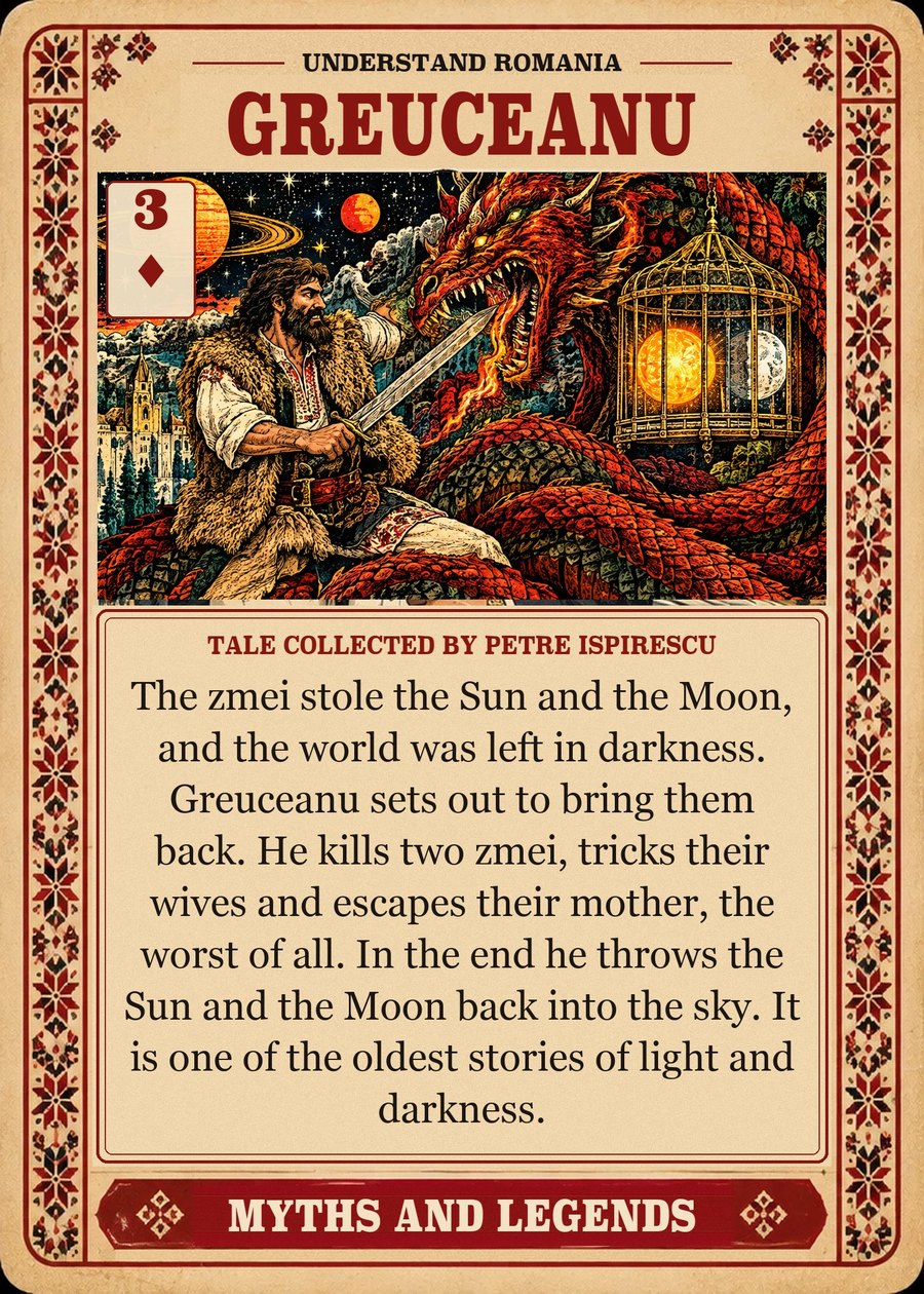 GREUCEANU — tale collected by Petre Ispirescu. The zmei stole the Sun and the Moon, and the world was left in darkness. Greuceanu sets out to bring them back. He kills two zmei, tricks their wives and escapes their mother, the worst of all. In the end he throws the Sun and the Moon back into the sky. It is one of the oldest stories of light and darkness.