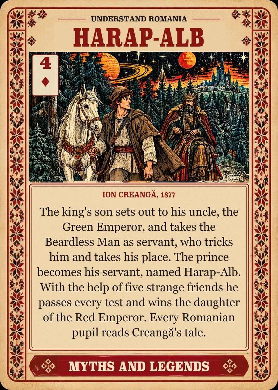 HARAP-ALB — Ion Creangă, 1877. The king's son sets out to his uncle, the Green Emperor, and takes the Beardless Man as servant, who tricks him and takes his place. The prince becomes his servant, named Harap-Alb. With the help of five strange friends he passes every test and wins the daughter of the Red Emperor. Every Romanian pupil reads Creangă's tale.