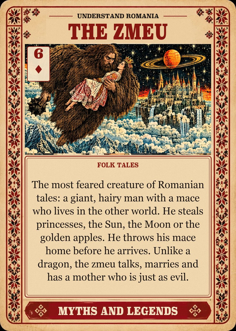 THE ZMEU — folk tales. The most feared creature of Romanian tales: a giant, hairy man with a mace who lives in the other world. He steals princesses, the Sun, the Moon or the golden apples. He throws his mace home before he arrives. Unlike a dragon, the zmeu talks, marries and has a mother who is just as evil.