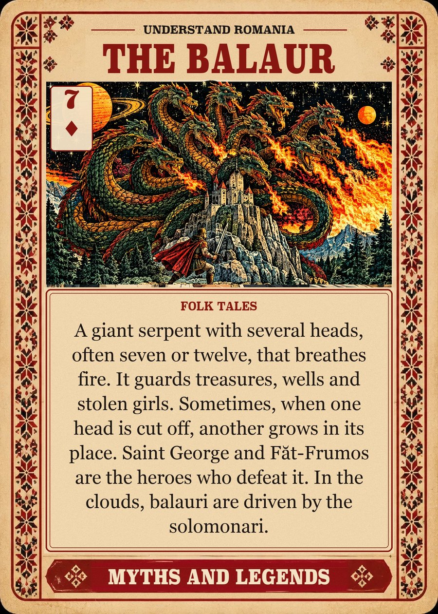 THE BALAUR — folk tales. A giant serpent with several heads, often seven or twelve, that breathes fire. It guards treasures, wells and stolen girls. Sometimes, when one head is cut off, another grows in its place. Saint George and Făt-Frumos are the heroes who defeat it. In the clouds, balauri are driven by the solomonari.