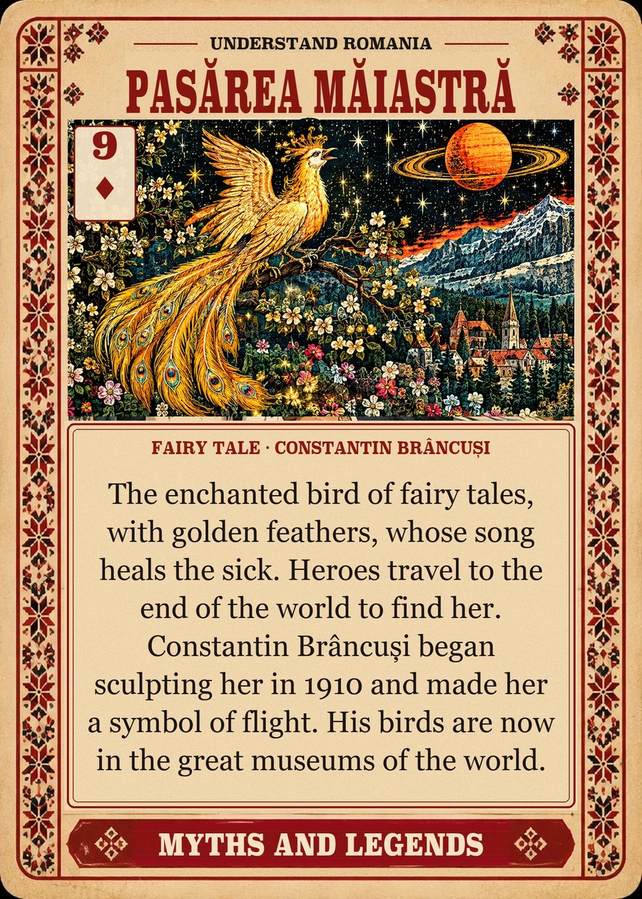 PASĂREA MĂIASTRĂ — fairy tale · Constantin Brâncuși. The enchanted bird of fairy tales, with golden feathers, whose song heals the sick. Heroes travel to the end of the world to find her. Constantin Brâncuși began sculpting her in 1910 and made her a symbol of flight. His birds are now in the great museums of the world.