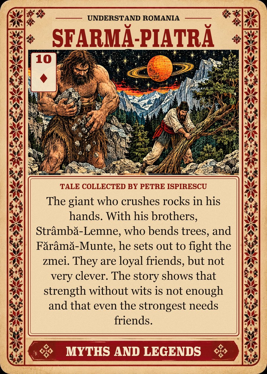 SFARMĂ-PIATRĂ — tale collected by Petre Ispirescu. The giant who crushes rocks in his hands. With his brothers, Strâmbă-Lemne, who bends trees, and Fărâmă-Munte, he sets out to fight the zmei. They are loyal friends, but not very clever. The story shows that strength without wits is not enough and that even the strongest needs friends.