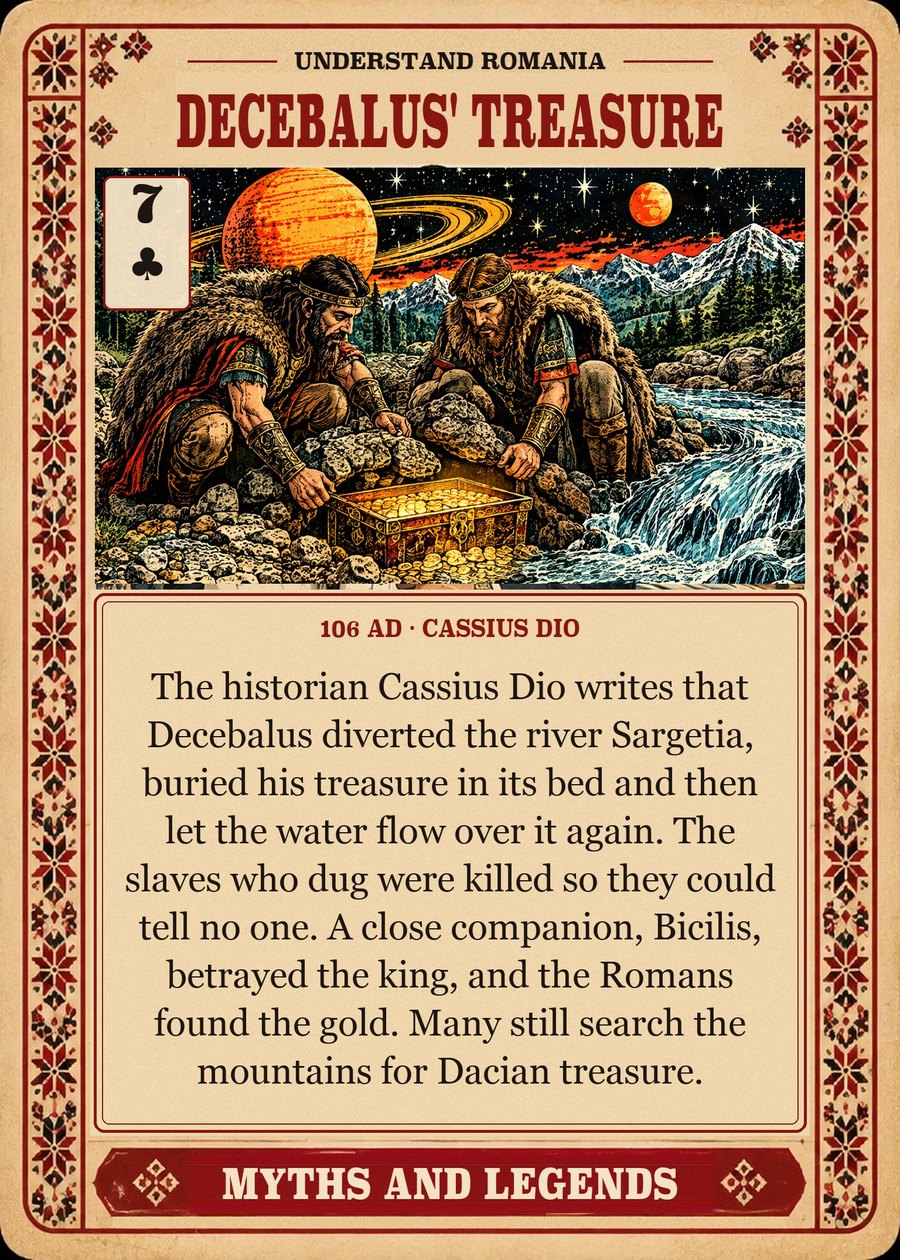 DECEBALUS' TREASURE — 106 AD · Cassius Dio. The historian Cassius Dio writes that Decebalus diverted the river Sargetia, buried his treasure in its bed and then let the water flow over it again. The slaves who dug were killed so they could tell no one. A close companion, Bicilis, betrayed the king, and the Romans found the gold. Many still search the mountains for Dacian treasure.