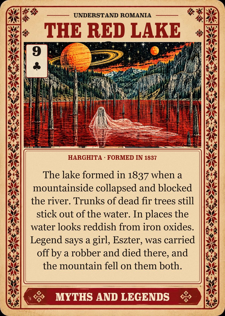 THE RED LAKE — Harghita · formed in 1837. The lake formed in 1837 when a mountainside collapsed and blocked the river. Trunks of dead fir trees still stick out of the water. In places the water looks reddish from iron oxides. Legend says a girl, Eszter, was carried off by a robber and died there, and the mountain fell on them both.