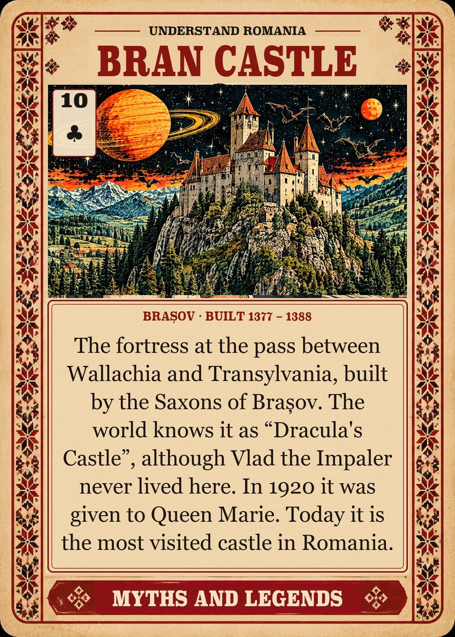 BRAN CASTLE — Brașov · built 1377 – 1388. The fortress at the pass between Wallachia and Transylvania, built by the Saxons of Brașov. The world knows it as “Dracula's Castle”, although Vlad the Impaler never lived here. In 1920 it was given to Queen Marie. Today it is the most visited castle in Romania.
