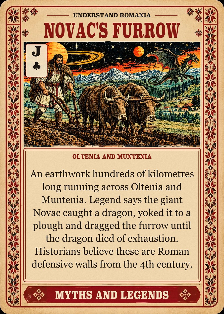 NOVAC'S FURROW — Oltenia and Muntenia. An earthwork hundreds of kilometres long running across Oltenia and Muntenia. Legend says the giant Novac caught a dragon, yoked it to a plough and dragged the furrow until the dragon died of exhaustion. Historians believe these are Roman defensive walls from the 4th century.