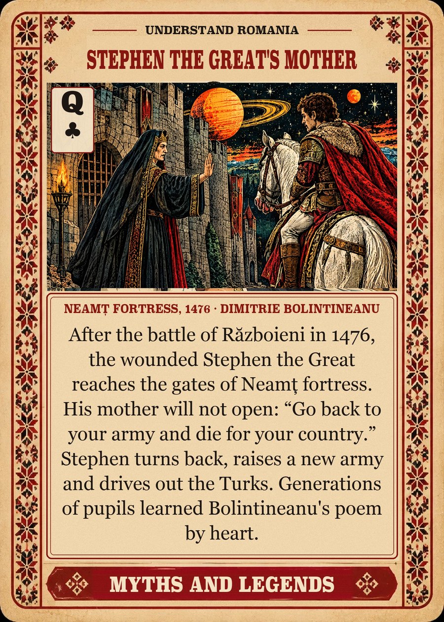 STEPHEN THE GREAT'S MOTHER — Neamț Fortress, 1476 · Dimitrie Bolintineanu. After the battle of Războieni in 1476, the wounded Stephen the Great reaches the gates of Neamț fortress. His mother will not open: “Go back to your army and die for your country.” Stephen turns back, raises a new army and drives out the Turks. Generations of pupils learned Bolintineanu's poem by heart.