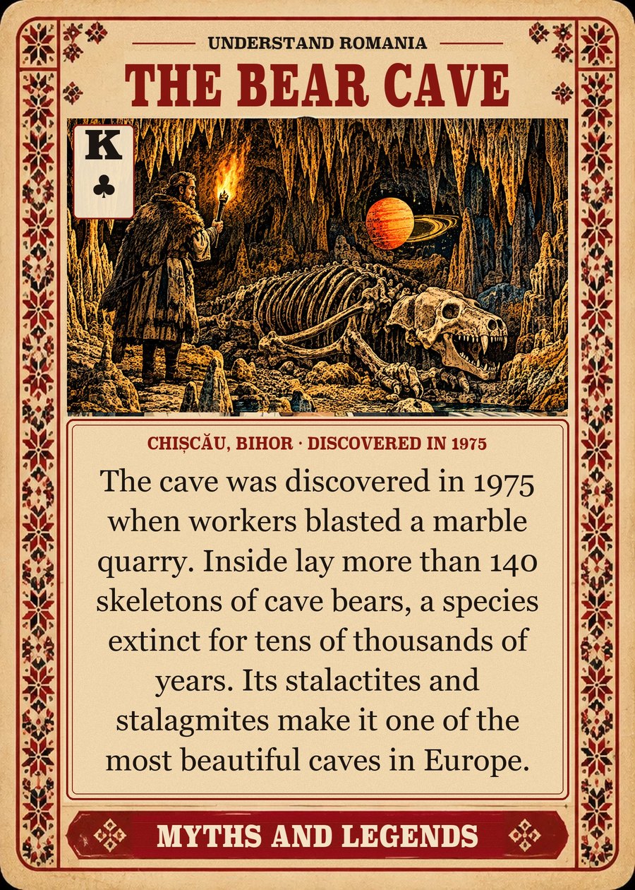 THE BEAR CAVE — Chișcău, Bihor · discovered in 1975. The cave was discovered in 1975 when workers blasted a marble quarry. Inside lay more than 140 skeletons of cave bears, a species extinct for tens of thousands of years. Its stalactites and stalagmites make it one of the most beautiful caves in Europe.