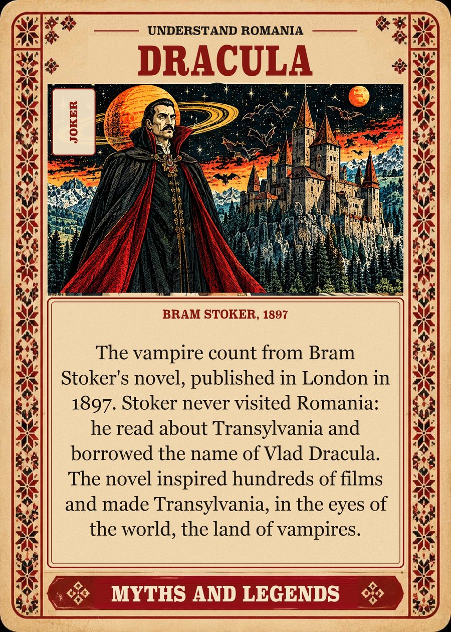 DRACULA — Bram Stoker, 1897. The vampire count from Bram Stoker's novel, published in London in 1897. Stoker never visited Romania: he read about Transylvania and borrowed the name of Vlad Dracula. The novel inspired hundreds of films and made Transylvania, in the eyes of the world, the land of vampires.