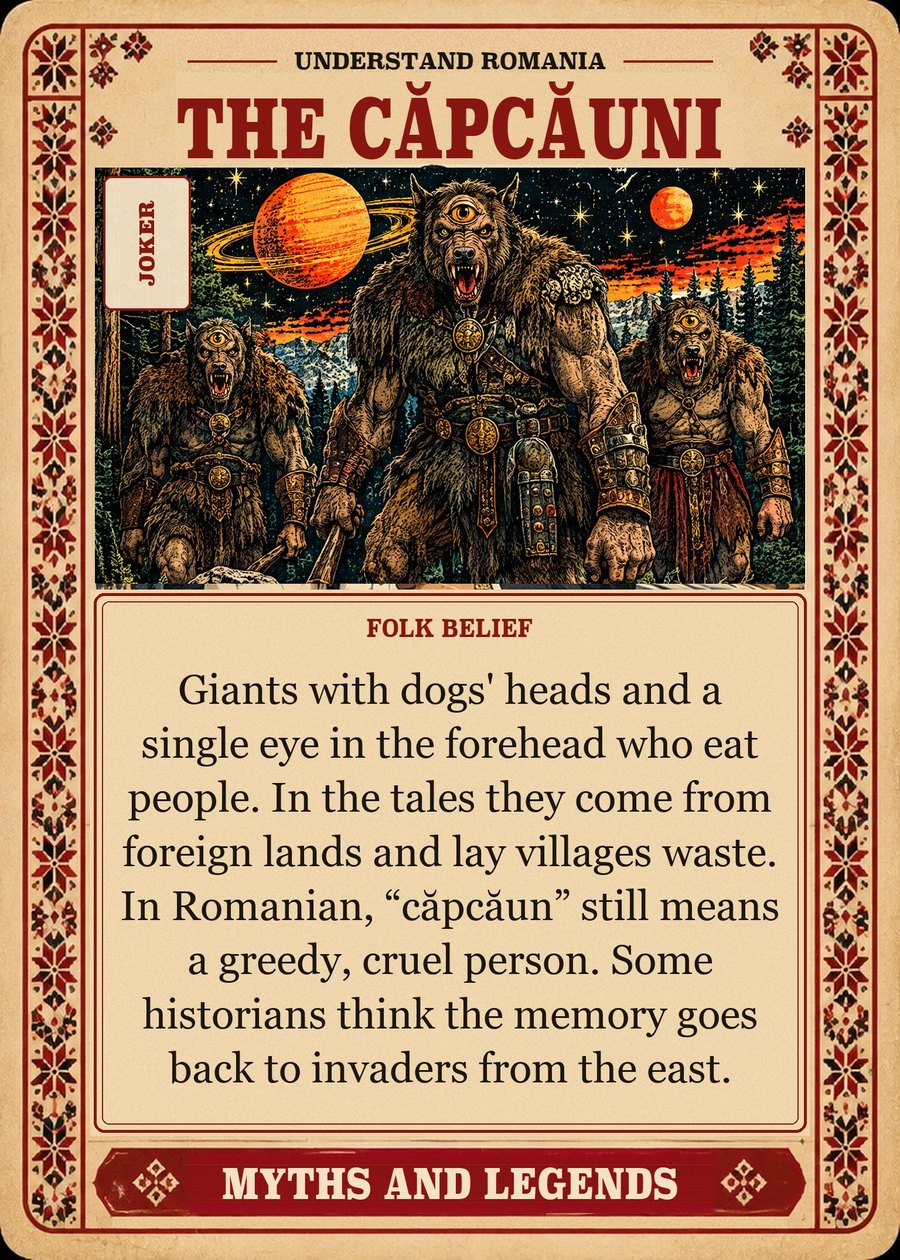 THE CĂPCĂUNI — folk belief. Giants with dogs' heads and a single eye in the forehead who eat people. In the tales they come from foreign lands and lay villages waste. In Romanian, “căpcăun” still means a greedy, cruel person. Some historians think the memory goes back to invaders from the east.