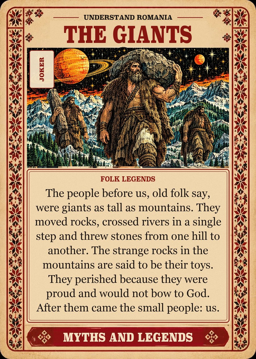 THE GIANTS — folk legends. The people before us, old folk say, were giants as tall as mountains. They moved rocks, crossed rivers in a single step and threw stones from one hill to another. The strange rocks in the mountains are said to be their toys. They perished because they were proud and would not bow to God. After them came the small people: us.