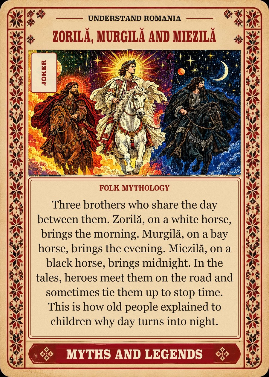 ZORILĂ, MURGILĂ AND MIEZILĂ — folk mythology. Three brothers who share the day between them. Zorilă, on a white horse, brings the morning. Murgilă, on a bay horse, brings the evening. Miezilă, on a black horse, brings midnight. In the tales, heroes meet them on the road and sometimes tie them up to stop time. This is how old people explained to children why day turns into night.