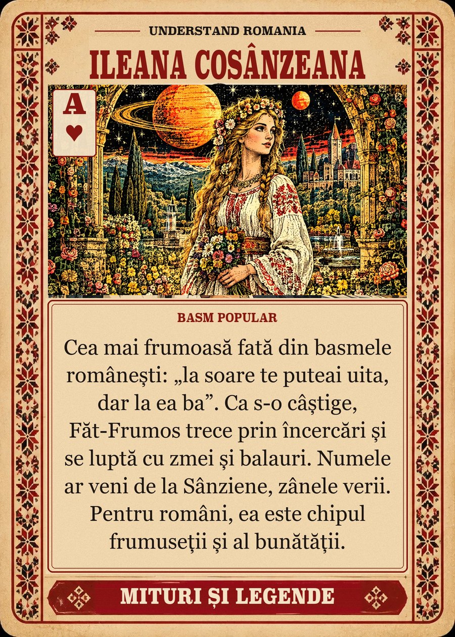 ILEANA COSÂNZEANA — basm popular. Cea mai frumoasă fată din basmele românești: „la soare te puteai uita, dar la ea ba”. Ca s-o câștige, Făt-Frumos trece prin încercări și se luptă cu zmei și balauri. Numele ar veni de la Sânziene, zânele verii. Pentru români, ea este chipul frumuseții și al bunătății.
