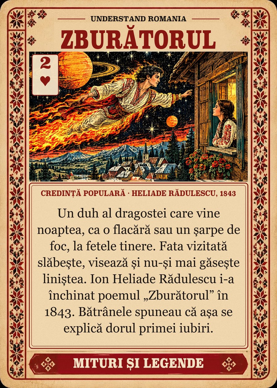 ZBURĂTORUL — credință populară · Heliade Rădulescu, 1843. Un duh al dragostei care vine noaptea, ca o flacără sau un șarpe de foc, la fetele tinere. Fata vizitată slăbește, visează și nu-și mai găsește liniștea. Ion Heliade Rădulescu i-a închinat poemul „Zburătorul” în 1843. Bătrânele spuneau că așa se explică dorul primei iubiri.