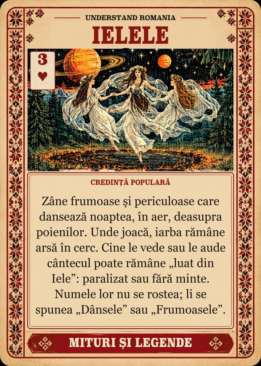 IELELE — credință populară. Zâne frumoase și periculoase care dansează noaptea, în aer, deasupra poienilor. Unde joacă, iarba rămâne arsă în cerc. Cine le vede sau le aude cântecul poate rămâne „luat din Iele”: paralizat sau fără minte. Numele lor nu se rostea; li se spunea „Dânsele” sau „Frumoasele”.