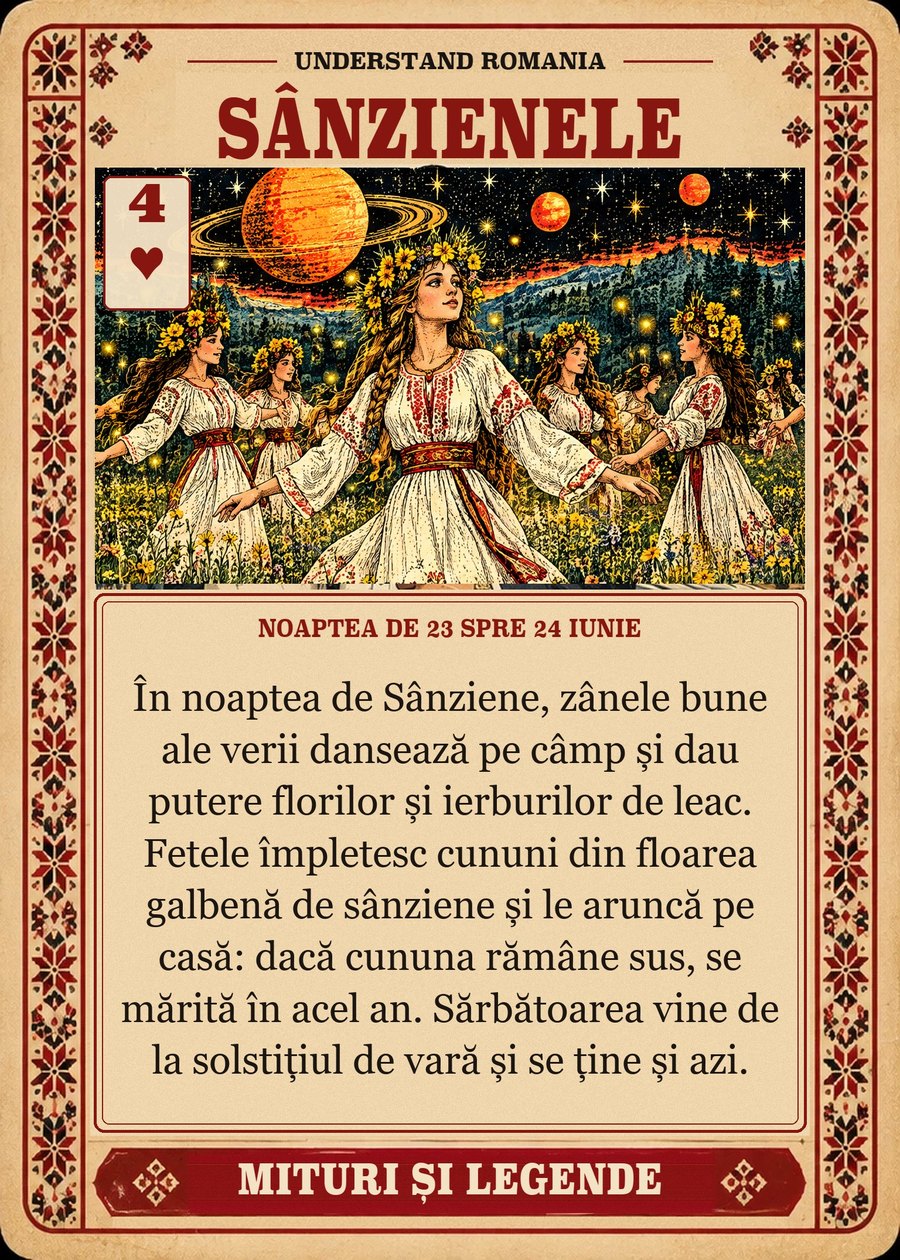 SÂNZIENELE — noaptea de 23 spre 24 iunie. În noaptea de Sânziene, zânele bune ale verii dansează pe câmp și dau putere florilor și ierburilor de leac. Fetele împletesc cununi din floarea galbenă de sânziene și le aruncă pe casă: dacă cununa rămâne sus, se mărită în acel an. Sărbătoarea vine de la solstițiul de vară și se ține și azi.