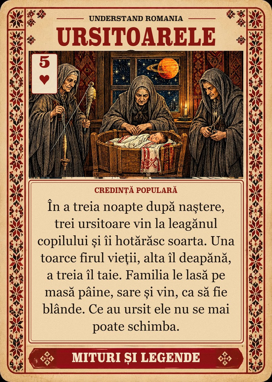 URSITOARELE — credință populară. În a treia noapte după naștere, trei ursitoare vin la leagănul copilului și îi hotărăsc soarta. Una toarce firul vieții, alta îl deapănă, a treia îl taie. Familia le lasă pe masă pâine, sare și vin, ca să fie blânde. Ce au ursit ele nu se mai poate schimba.