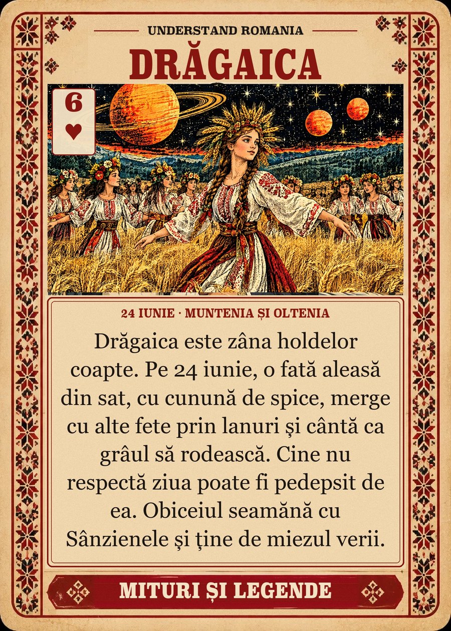 DRĂGAICA — 24 iunie · Muntenia și Oltenia. Drăgaica este zâna holdelor coapte. Pe 24 iunie, o fată aleasă din sat, cu cunună de spice, merge cu alte fete prin lanuri și cântă ca grâul să rodească. Cine nu respectă ziua poate fi pedepsit de ea. Obiceiul seamănă cu Sânzienele și ține de miezul verii.