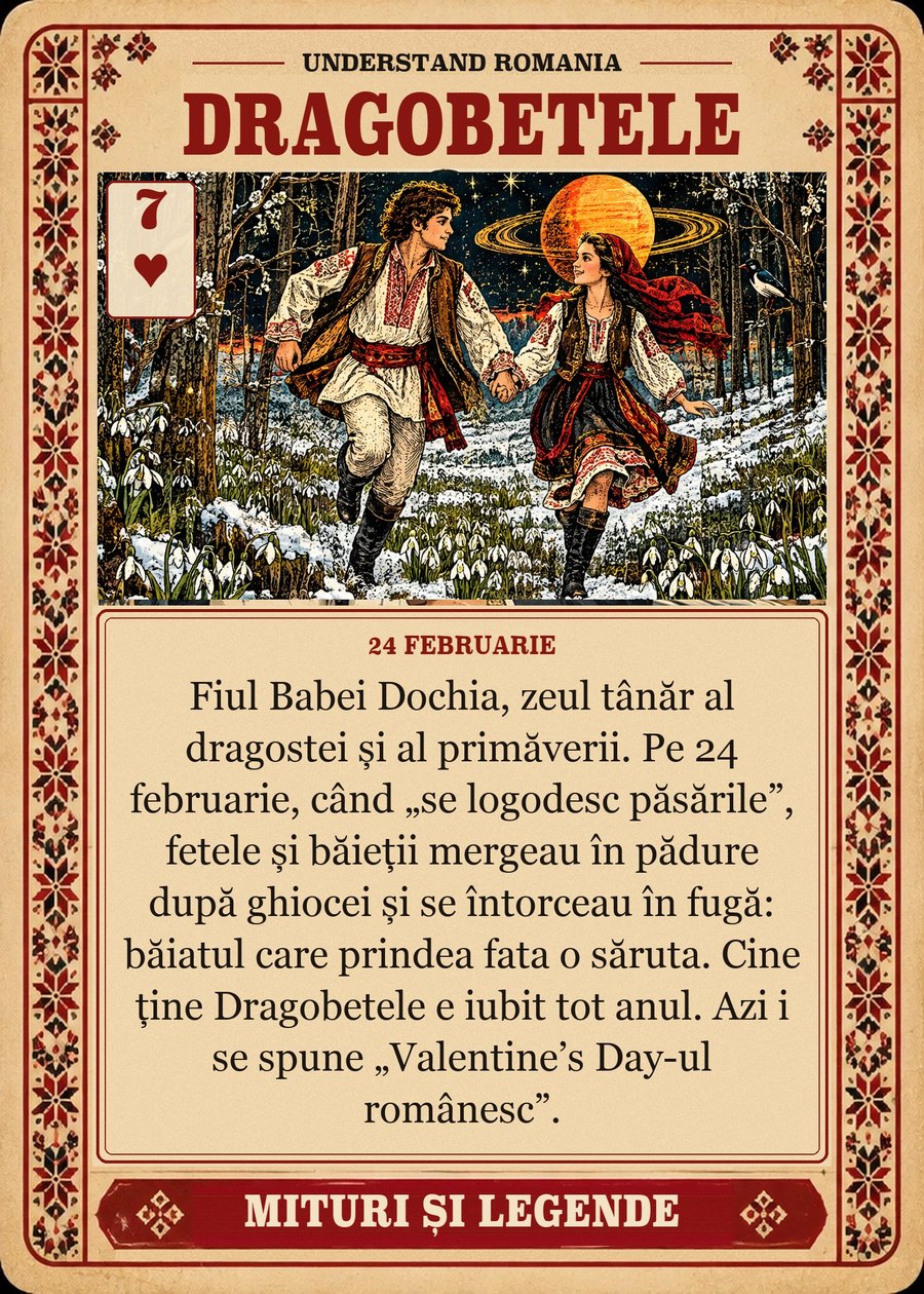 DRAGOBETELE — 24 februarie. Fiul Babei Dochia, zeul tânăr al dragostei și al primăverii. Pe 24 februarie, când „se logodesc păsările”, fetele și băieții mergeau în pădure după ghiocei și se întorceau în fugă: băiatul care prindea fata o săruta. Cine ține Dragobetele e iubit tot anul. Azi i se spune „Valentine’s Day-ul românesc”.