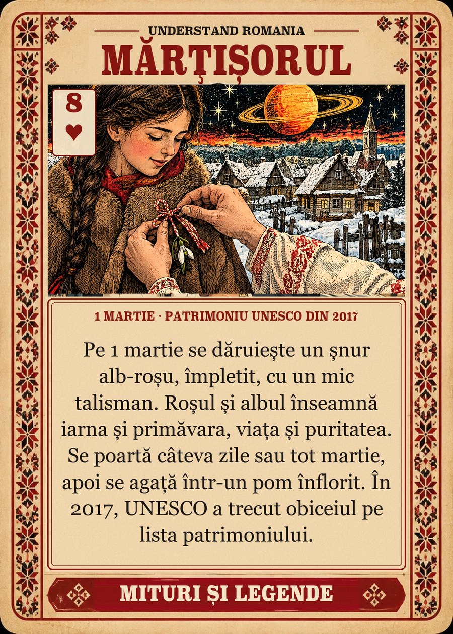 MĂRȚIȘORUL — 1 martie · patrimoniu UNESCO din 2017. Pe 1 martie se dăruiește un șnur alb-roșu, împletit, cu un mic talisman. Roșul și albul înseamnă iarna și primăvara, viața și puritatea. Se poartă câteva zile sau tot martie, apoi se agață într-un pom înflorit. În 2017, UNESCO a trecut obiceiul pe lista patrimoniului.