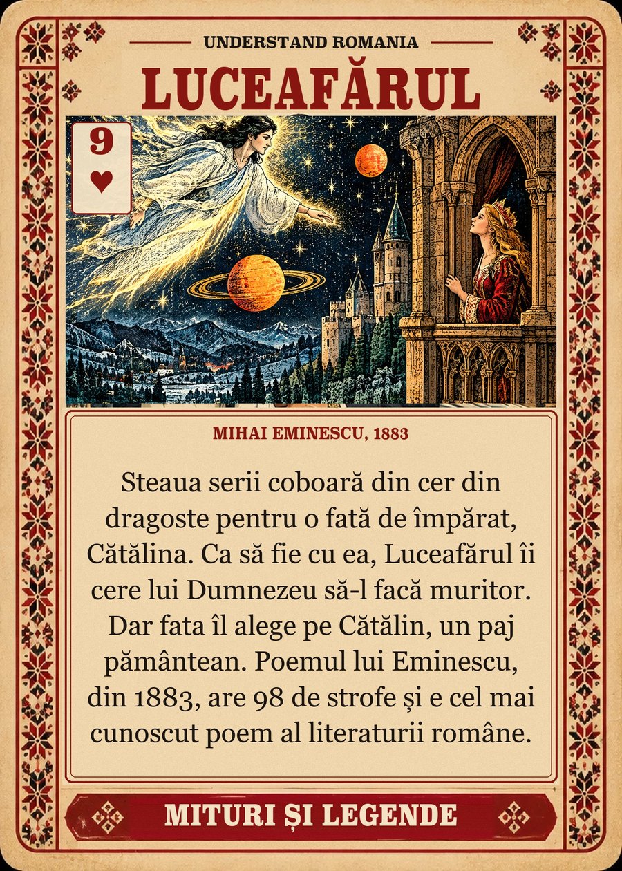 LUCEAFĂRUL — Mihai Eminescu, 1883. Steaua serii coboară din cer din dragoste pentru o fată de împărat, Cătălina. Ca să fie cu ea, Luceafărul îi cere lui Dumnezeu să-l facă muritor. Dar fata îl alege pe Cătălin, un paj pământean. Poemul lui Eminescu, din 1883, are 98 de strofe și e cel mai cunoscut poem al literaturii române.