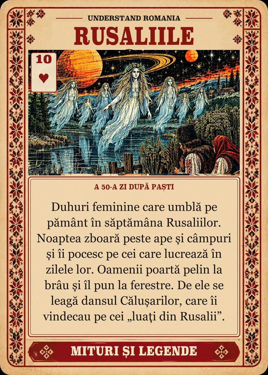 RUSALIILE — a 50-a zi după Paști. Duhuri feminine care umblă pe pământ în săptămâna Rusaliilor. Noaptea zboară peste ape și câmpuri și îi pocesc pe cei care lucrează în zilele lor. Oamenii poartă pelin la brâu și îl pun la ferestre. De ele se leagă dansul Călușarilor, care îi vindecau pe cei „luați din Rusalii”.