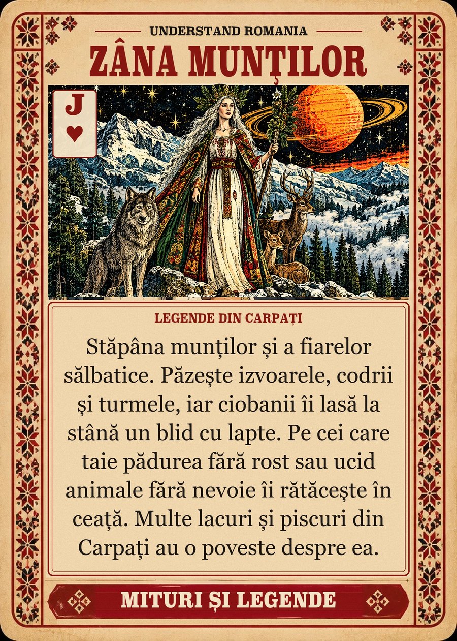 ZÂNA MUNȚILOR — legende din Carpați. Stăpâna munților și a fiarelor sălbatice. Păzește izvoarele, codrii și turmele, iar ciobanii îi lasă la stână un blid cu lapte. Pe cei care taie pădurea fără rost sau ucid animale fără nevoie îi rătăcește în ceață. Multe lacuri și piscuri din Carpați au o poveste despre ea.
