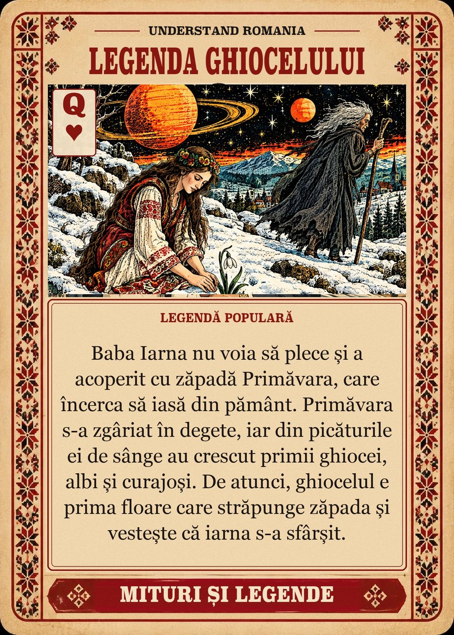 LEGENDA GHIOCELULUI — legendă populară. Baba Iarna nu voia să plece și a acoperit cu zăpadă Primăvara, care încerca să iasă din pământ. Primăvara s-a zgâriat în degete, iar din picăturile ei de sânge au crescut primii ghiocei, albi și curajoși. De atunci, ghiocelul e prima floare care străpunge zăpada și vestește că iarna s-a sfârșit.