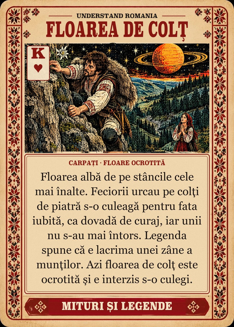 FLOAREA DE COLȚ — Carpați · floare ocrotită. Floarea albă de pe stâncile cele mai înalte. Feciorii urcau pe colți de piatră s-o culeagă pentru fata iubită, ca dovadă de curaj, iar unii nu s-au mai întors. Legenda spune că e lacrima unei zâne a munților. Azi floarea de colț este ocrotită și e interzis s-o culegi.