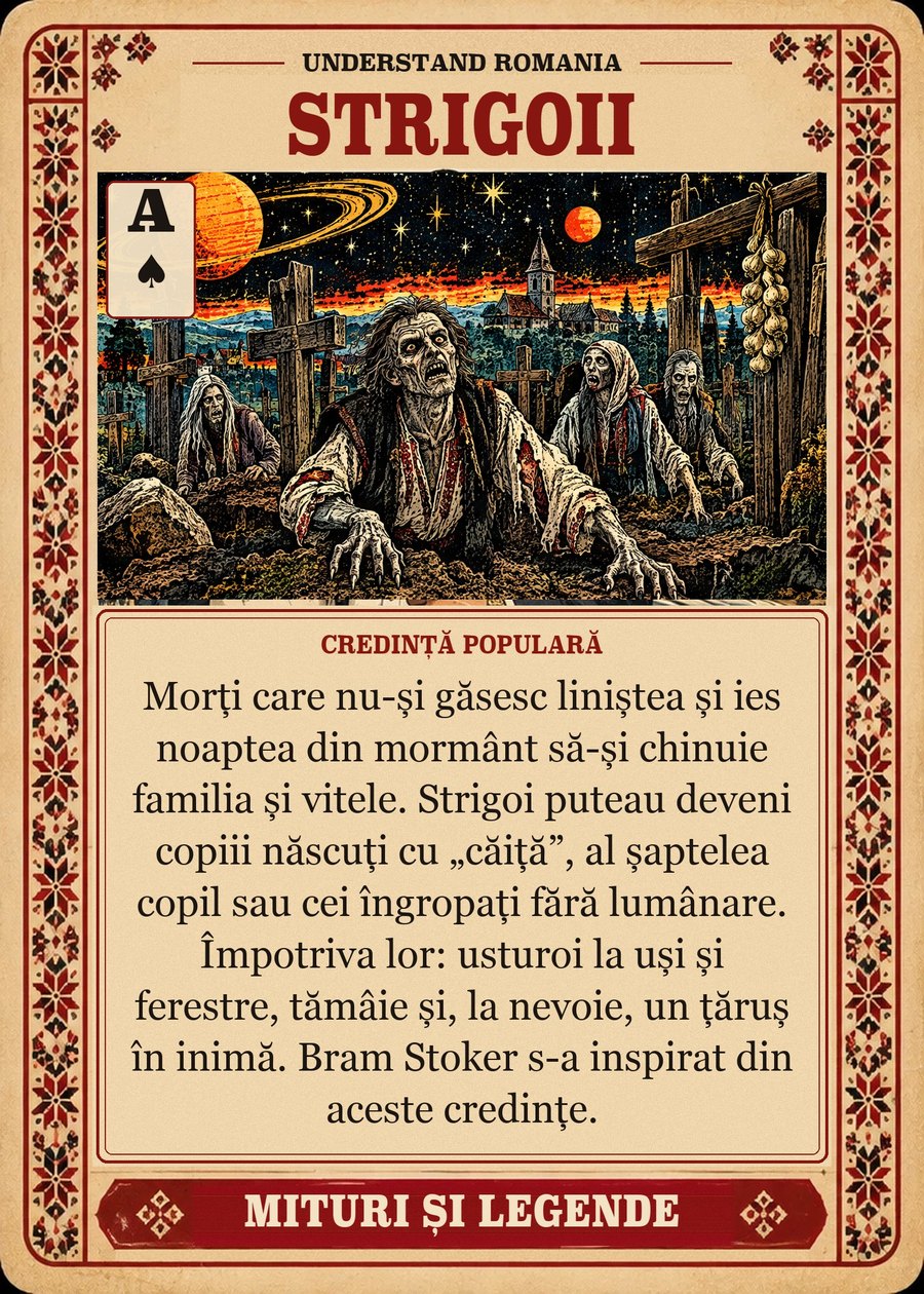 STRIGOII — credință populară. Morți care nu-și găsesc liniștea și ies noaptea din mormânt să-și chinuie familia și vitele. Strigoi puteau deveni copiii născuți cu „căiță”, al șaptelea copil sau cei îngropați fără lumânare. Împotriva lor: usturoi la uși și ferestre, tămâie și, la nevoie, un țăruș în inimă. Bram Stoker s-a inspirat din aceste credințe.