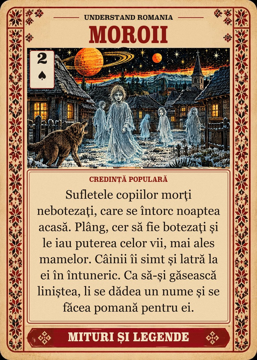 MOROII — credință populară. Sufletele copiilor morți nebotezați, care se întorc noaptea acasă. Plâng, cer să fie botezați și le iau puterea celor vii, mai ales mamelor. Câinii îi simt și latră la ei în întuneric. Ca să-și găsească liniștea, li se dădea un nume și se făcea pomană pentru ei.