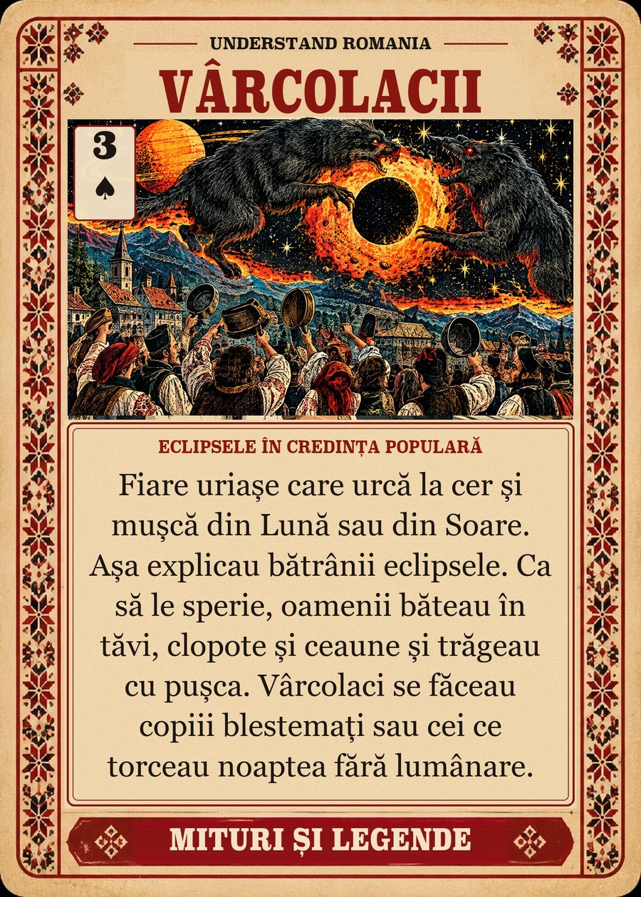 VÂRCOLACII — eclipsele în credința populară. Fiare uriașe care urcă la cer și mușcă din Lună sau din Soare. Așa explicau bătrânii eclipsele. Ca să le sperie, oamenii băteau în tăvi, clopote și ceaune și trăgeau cu pușca. Vârcolaci se făceau copiii blestemați sau cei ce torceau noaptea fără lumânare.
