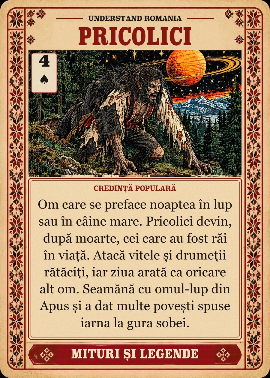 PRICOLICI — credință populară. Om care se preface noaptea în lup sau în câine mare. Pricolici devin, după moarte, cei care au fost răi în viață. Atacă vitele și drumeții rătăciți, iar ziua arată ca oricare alt om. Seamănă cu omul-lup din Apus și a dat multe povești spuse iarna la gura sobei.