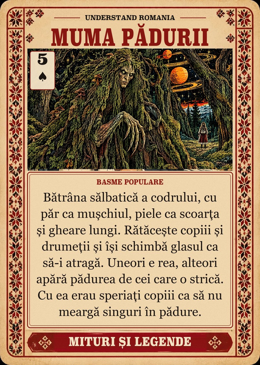 MUMA PĂDURII — basme populare. Bătrâna sălbatică a codrului, cu păr ca mușchiul, piele ca scoarța și gheare lungi. Rătăcește copiii și drumeții și își schimbă glasul ca să-i atragă. Uneori e rea, alteori apără pădurea de cei care o strică. Cu ea erau speriați copiii ca să nu meargă singuri în pădure.