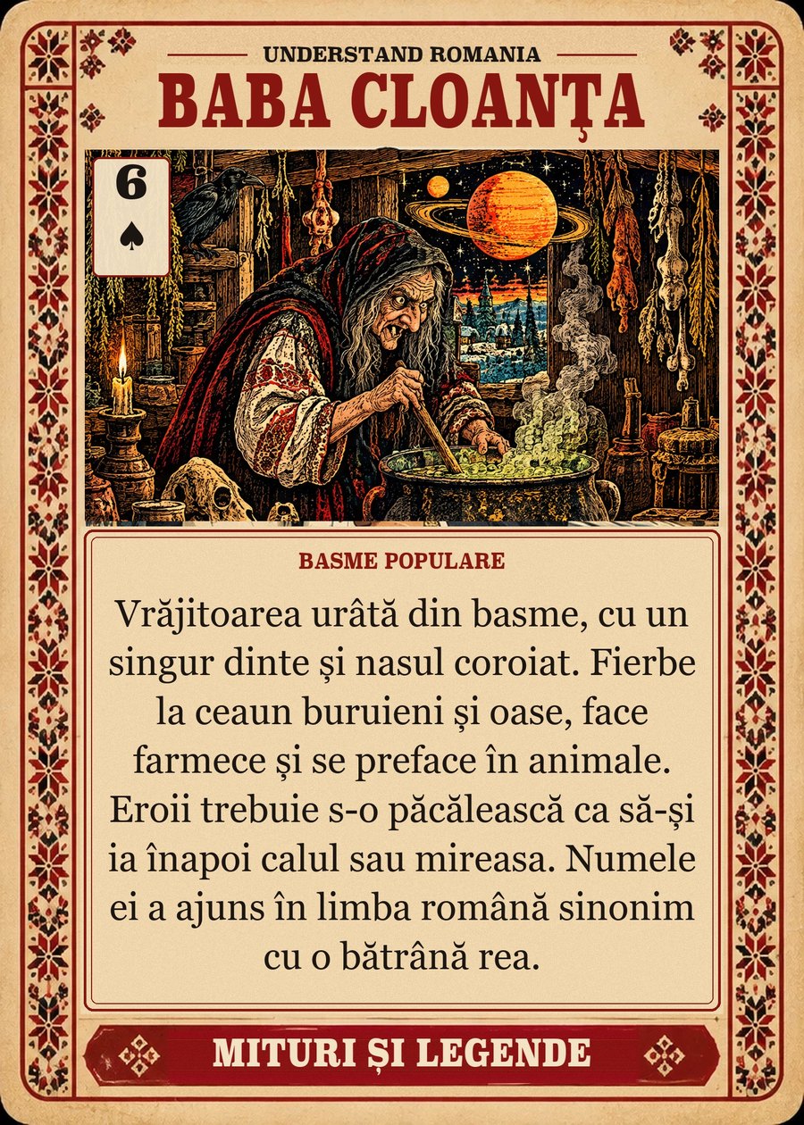 BABA CLOANȚA — basme populare. Vrăjitoarea urâtă din basme, cu un singur dinte și nasul coroiat. Fierbe la ceaun buruieni și oase, face farmece și se preface în animale. Eroii trebuie s-o păcălească ca să-și ia înapoi calul sau mireasa. Numele ei a ajuns în limba română sinonim cu o bătrână rea.