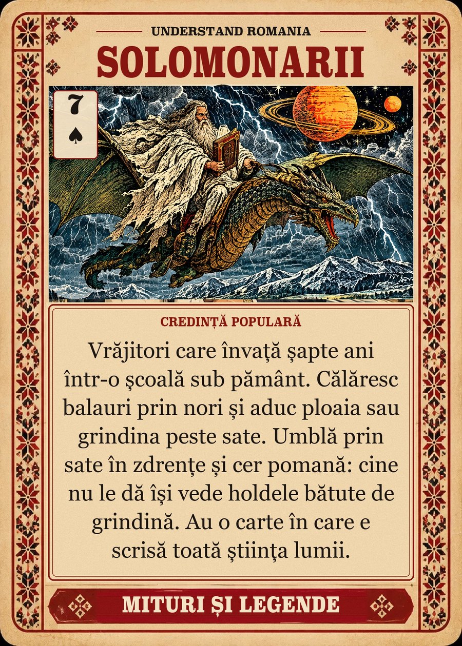 SOLOMONARII — credință populară. Vrăjitori care învață șapte ani într-o școală sub pământ. Călăresc balauri prin nori și aduc ploaia sau grindina peste sate. Umblă prin sate în zdrențe și cer pomană: cine nu le dă își vede holdele bătute de grindină. Au o carte în care e scrisă toată știința lumii.