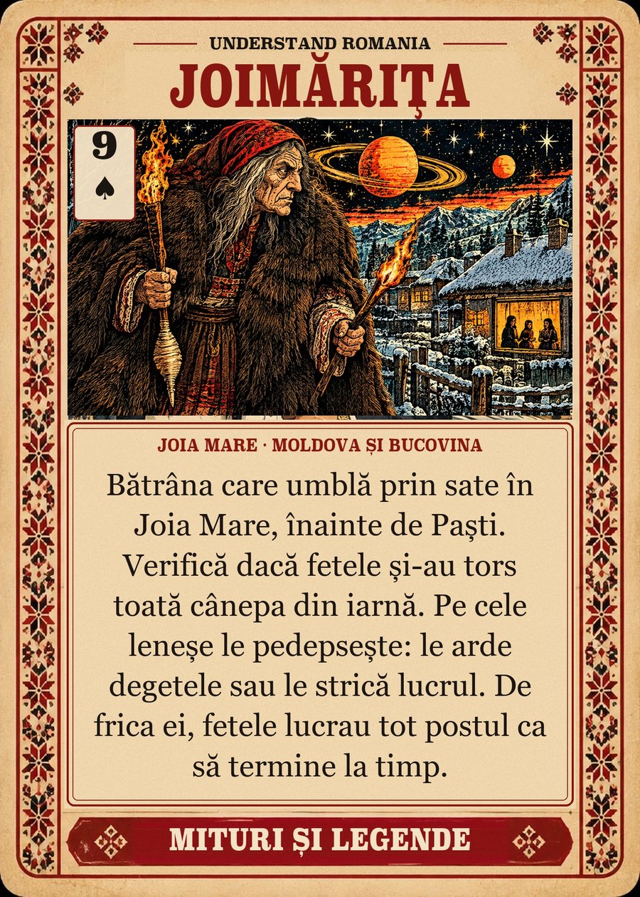 JOIMĂRIȚA — Joia Mare · Moldova și Bucovina. Bătrâna care umblă prin sate în Joia Mare, înainte de Paști. Verifică dacă fetele și-au tors toată cânepa din iarnă. Pe cele leneșe le pedepsește: le arde degetele sau le strică lucrul. De frica ei, fetele lucrau tot postul ca să termine la timp.