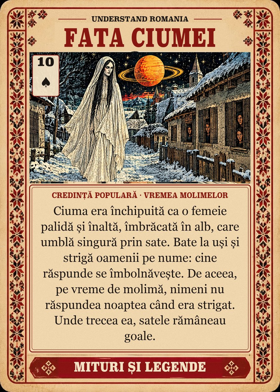 FATA CIUMEI — credință populară · vremea molimelor. Ciuma era închipuită ca o femeie palidă și înaltă, îmbrăcată în alb, care umblă singură prin sate. Bate la uși și strigă oamenii pe nume: cine răspunde se îmbolnăvește. De aceea, pe vreme de molimă, nimeni nu răspundea noaptea când era strigat. Unde trecea ea, satele rămâneau goale.