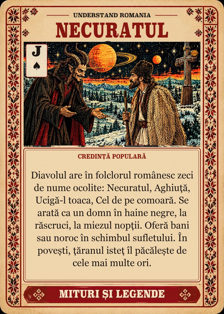 NECURATUL — credință populară. Diavolul are în folclorul românesc zeci de nume ocolite: Necuratul, Aghiuță, Ucigă-l toaca, Cel de pe comoară. Se arată ca un domn în haine negre, la răscruci, la miezul nopții. Oferă bani sau noroc în schimbul sufletului. În povești, țăranul isteț îl păcălește de cele mai multe ori.