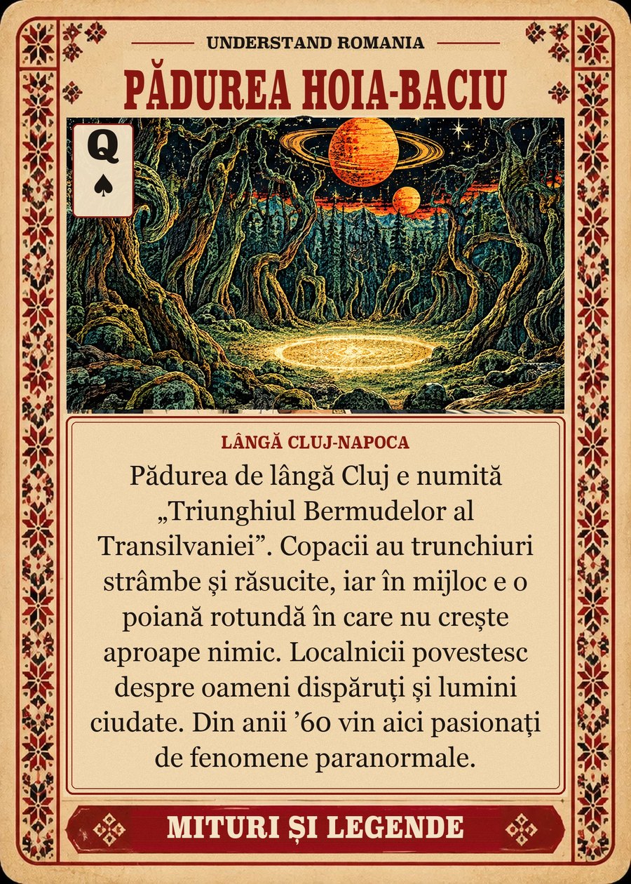 PĂDUREA HOIA-BACIU — lângă Cluj-Napoca. Pădurea de lângă Cluj e numită „Triunghiul Bermudelor al Transilvaniei”. Copacii au trunchiuri strâmbe și răsucite, iar în mijloc e o poiană rotundă în care nu crește aproape nimic. Localnicii povestesc despre oameni dispăruți și lumini ciudate. Din anii ’60 vin aici pasionați de fenomene paranormale.