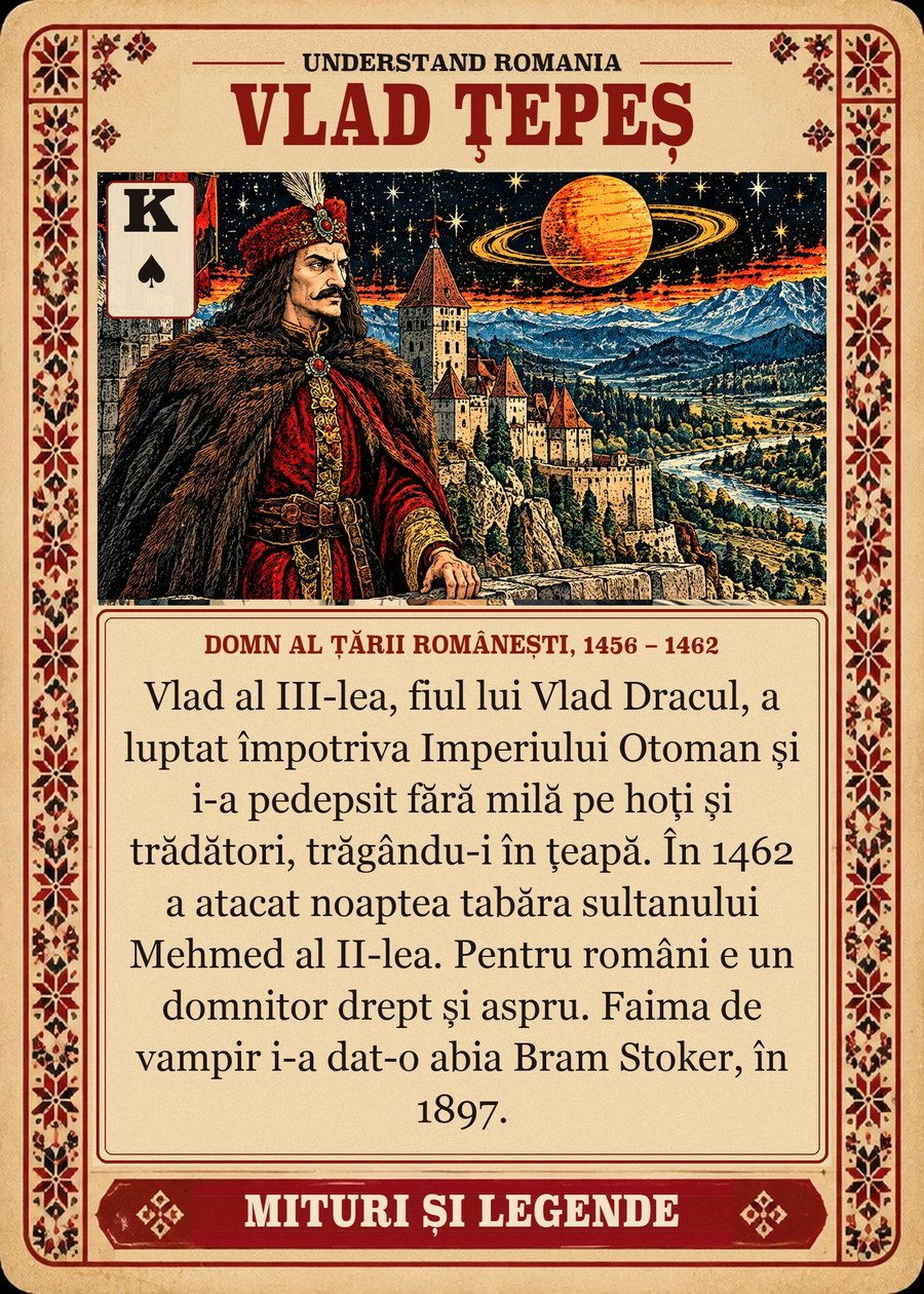 VLAD ȚEPEȘ — domn al Țării Românești, 1456 – 1462. Vlad al III-lea, fiul lui Vlad Dracul, a luptat împotriva Imperiului Otoman și i-a pedepsit fără milă pe hoți și trădători, trăgându-i în țeapă. În 1462 a atacat noaptea tabăra sultanului Mehmed al II-lea. Pentru români e un domnitor drept și aspru. Faima de vampir i-a dat-o abia Bram Stoker, în 1897.