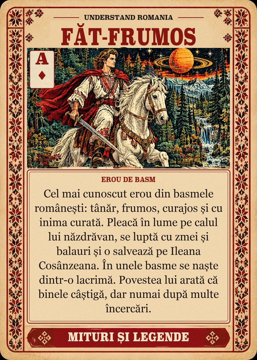 FĂT-FRUMOS — erou de basm. Cel mai cunoscut erou din basmele românești: tânăr, frumos, curajos și cu inima curată. Pleacă în lume pe calul lui năzdrăvan, se luptă cu zmei și balauri și o salvează pe Ileana Cosânzeana. În unele basme se naște dintr-o lacrimă. Povestea lui arată că binele câștigă, dar numai după multe încercări.