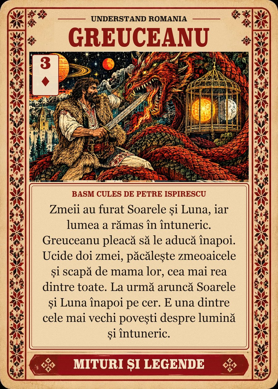 GREUCEANU — basm cules de Petre Ispirescu. Zmeii au furat Soarele și Luna, iar lumea a rămas în întuneric. Greuceanu pleacă să le aducă înapoi. Ucide doi zmei, păcălește zmeoaicele și scapă de mama lor, cea mai rea dintre toate. La urmă aruncă Soarele și Luna înapoi pe cer. E una dintre cele mai vechi povești despre lumină și întuneric.